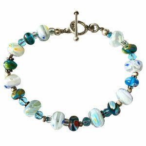 Pre Owned Sterling Bracelet With Blue Glass Crystal Beads
